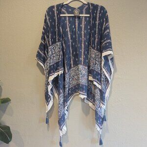 Vince Camuto Boho Kimono Wrap | One Size | Blue Tassel Trim